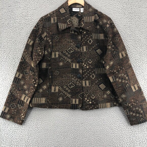 Chicos Jacket Womens 2 US 12 Brown Geometric Pattern Button Up Collared Career - Picture 1 of 10